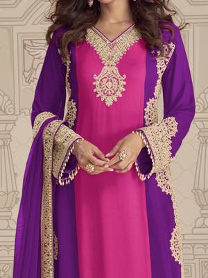 Pink purple embroidered georgette semi-stitch palazzo suit with dupatta 4