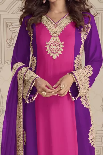 Pink purple embroidered georgette semi-stitch palazzo suit with dupatta