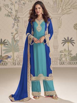 Blue embroidered georgette semi-stitch palazzo suit with dupatta 1