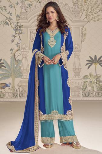 Blue embroidered georgette semi-stitch palazzo suit with dupatta