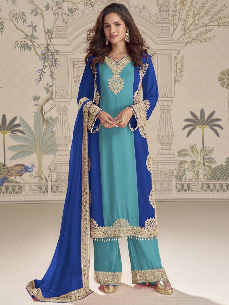 Blue embroidered georgette semi-stitch palazzo suit with dupatta