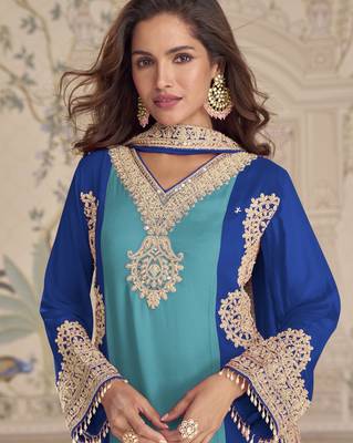 Blue embroidered georgette semi-stitch palazzo suit with dupatta 2
