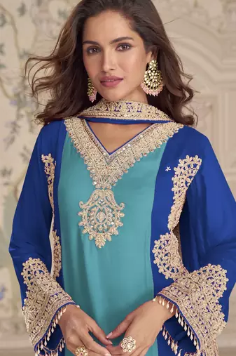 Blue embroidered georgette semi-stitch palazzo suit with dupatta