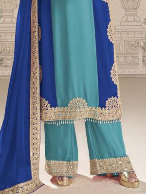 Blue embroidered georgette semi-stitch palazzo suit with dupatta 3