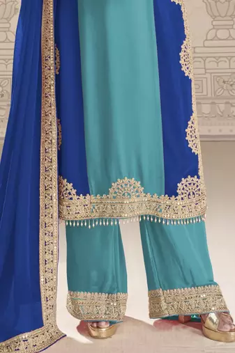 Blue embroidered georgette semi-stitch palazzo suit with dupatta