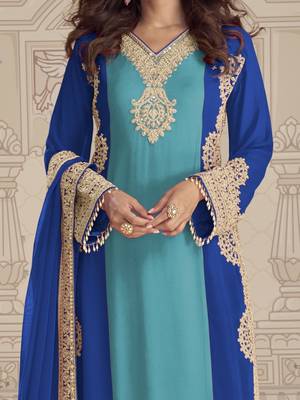 Blue embroidered georgette semi-stitch palazzo suit with dupatta 4
