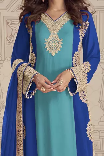 Blue embroidered georgette semi-stitch palazzo suit with dupatta
