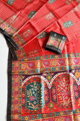 Red Color Jari Weaving With Print Work Softy Silk Saree