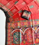 Red Color Jari Weaving With Print Work Softy Silk Saree