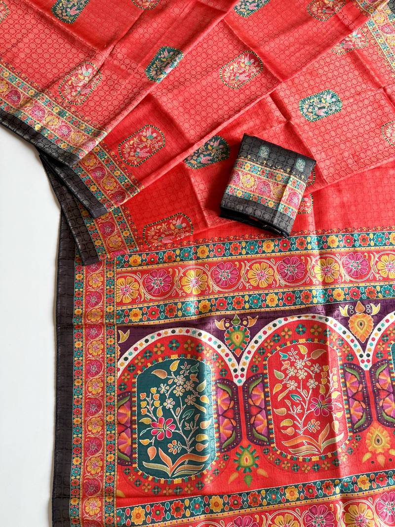 Red Color Jari Weaving With Print Work Softy Silk Saree