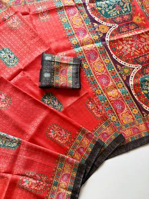 Red Color Jari Weaving With Print Work Softy Silk Saree 2