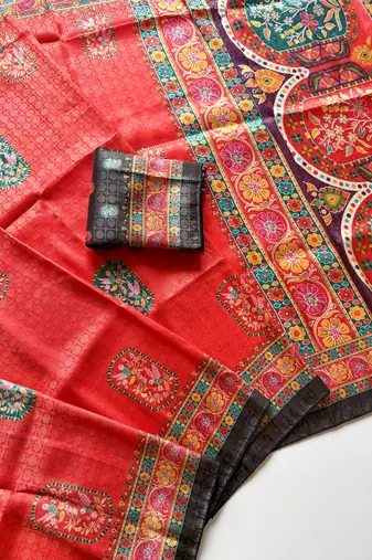 Red Color Jari Weaving With Print Work Softy Silk Saree