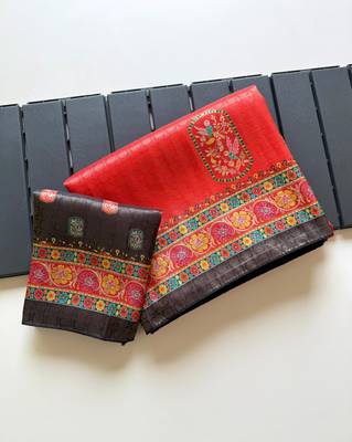 Red Color Jari Weaving With Print Work Softy Silk Saree 3