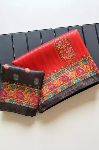 Red Color Jari Weaving With Print Work Softy Silk Saree