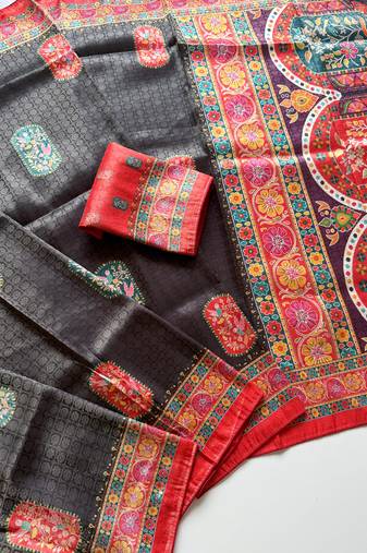 Black Color Jari Weaving With Print Work Softy Silk Saree