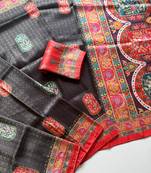 Black Color Jari Weaving With Print Work Softy Silk Saree
