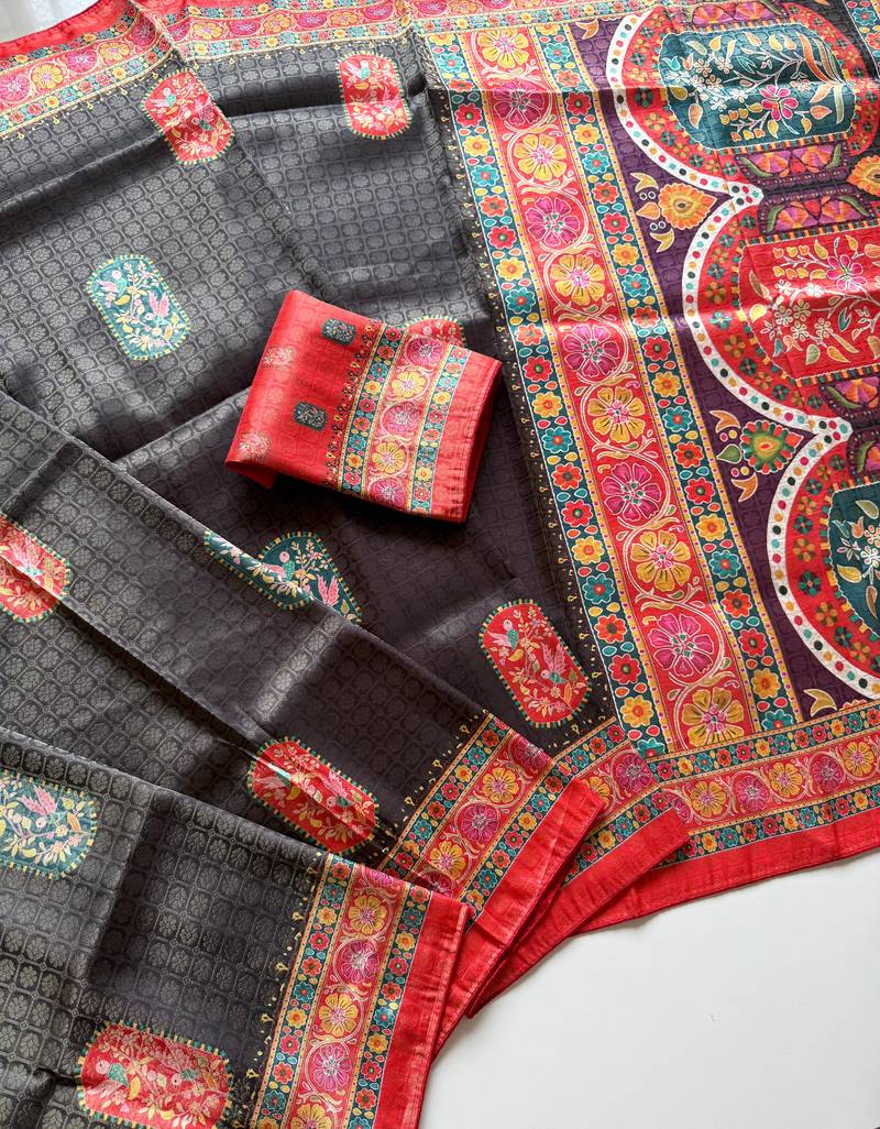 Black Color Jari Weaving With Print Work Softy Silk Saree