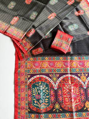 Black Color Jari Weaving With Print Work Softy Silk Saree 2