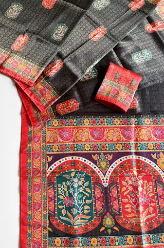 Black Color Jari Weaving With Print Work Softy Silk Saree