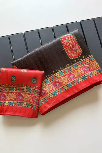 Black Color Jari Weaving With Print Work Softy Silk Saree