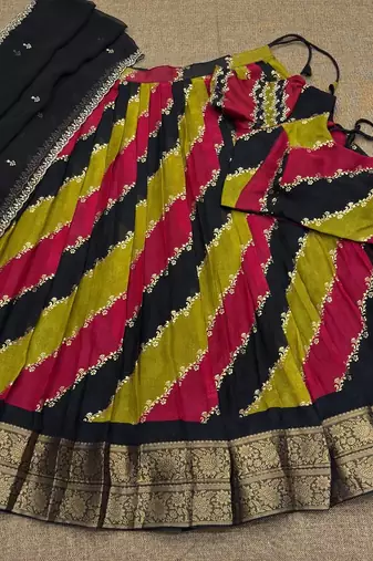 Soft Marchmellow Silk Foil Leheriya Print With Big Zari Weaving Border Lehenga Choli