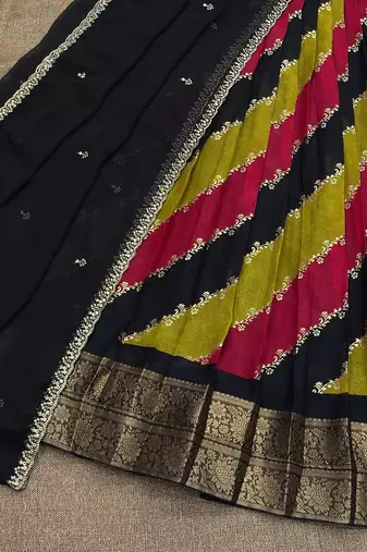 Soft Marchmellow Silk Foil Leheriya Print With Big Zari Weaving Border Lehenga Choli