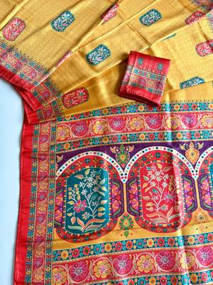 Yellow Color Jari Weaving With Print Work Softy Silk Saree 1