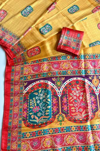 Yellow Color Jari Weaving With Print Work Softy Silk Saree
