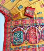 Yellow Color Jari Weaving With Print Work Softy Silk Saree