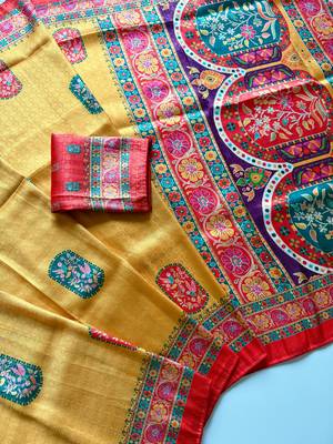 Yellow Color Jari Weaving With Print Work Softy Silk Saree 2