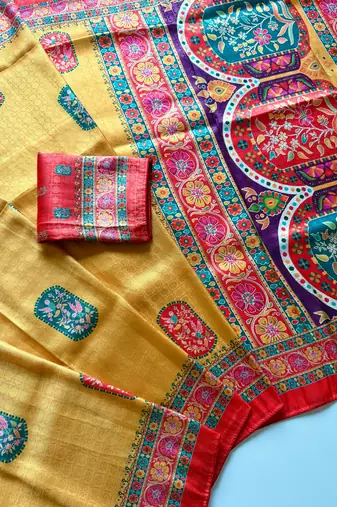 Yellow Color Jari Weaving With Print Work Softy Silk Saree