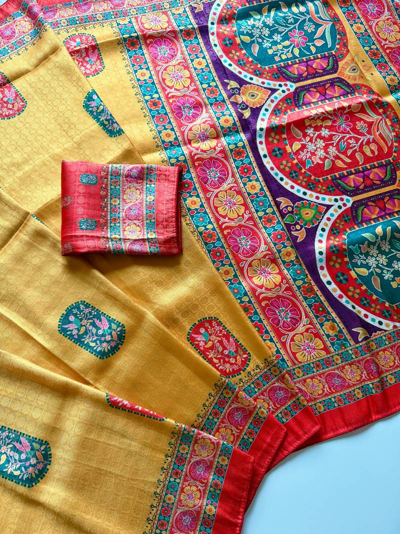 Yellow Color Jari Weaving With Print Work Softy Silk Saree