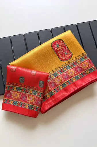 Yellow Color Jari Weaving With Print Work Softy Silk Saree