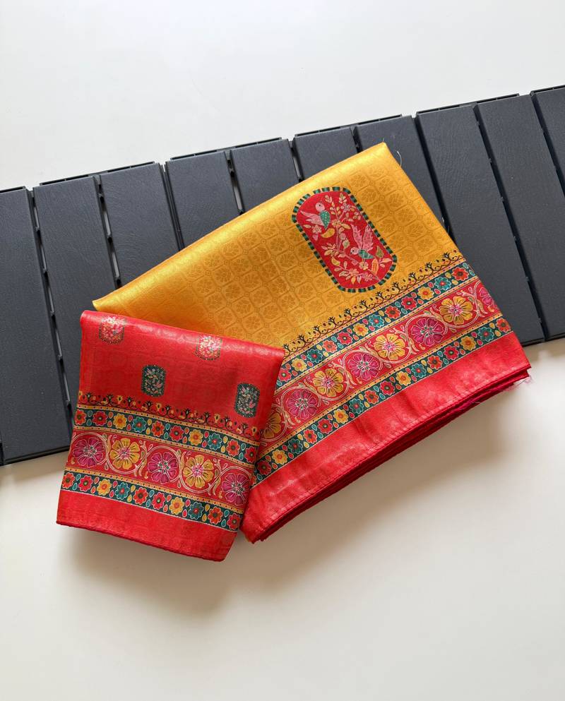 Yellow Color Jari Weaving With Print Work Softy Silk Saree