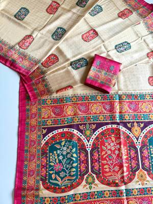 Off White Color Jari Weaving With Print Work Softy Silk Saree 1