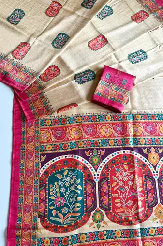 Off White Color Jari Weaving With Print Work Softy Silk Saree