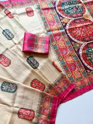 Off White Color Jari Weaving With Print Work Softy Silk Saree 2