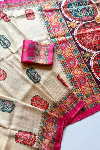 Off White Color Jari Weaving With Print Work Softy Silk Saree