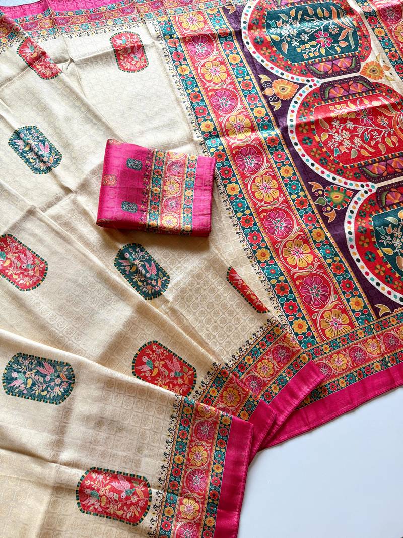 Off White Color Jari Weaving With Print Work Softy Silk Saree