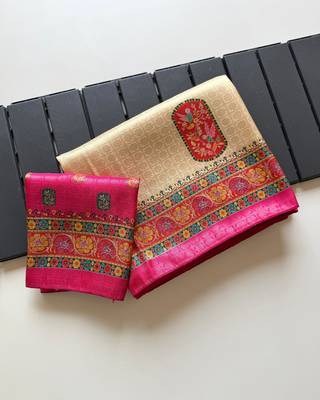 Off White Color Jari Weaving With Print Work Softy Silk Saree 3