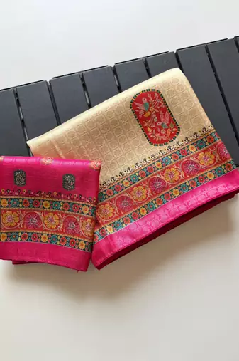 Off White Color Jari Weaving With Print Work Softy Silk Saree