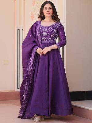 Charming Purple Bead Work Crushed Evening Wear Gown With Dupatta 1