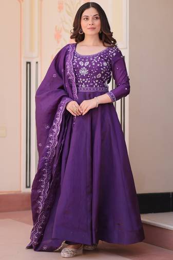 Charming Purple Bead Work Crushed Evening Wear Gown With Dupatta