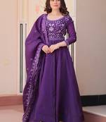 Charming Purple Bead Work Crushed Evening Wear Gown With Dupatta