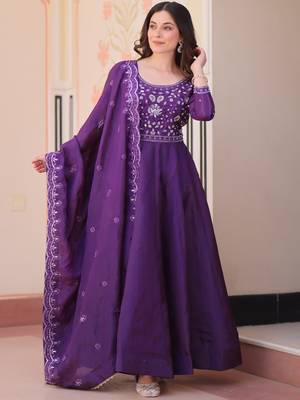 Charming Purple Bead Work Crushed Evening Wear Gown With Dupatta 3