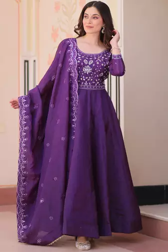 Charming Purple Bead Work Crushed Evening Wear Gown With Dupatta