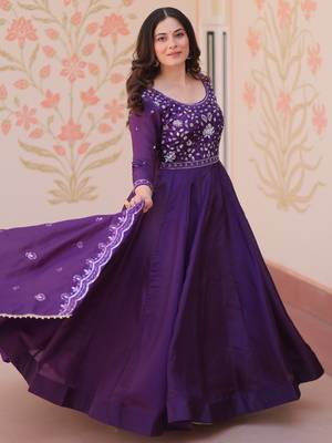 Charming Purple Bead Work Crushed Evening Wear Gown With Dupatta 4