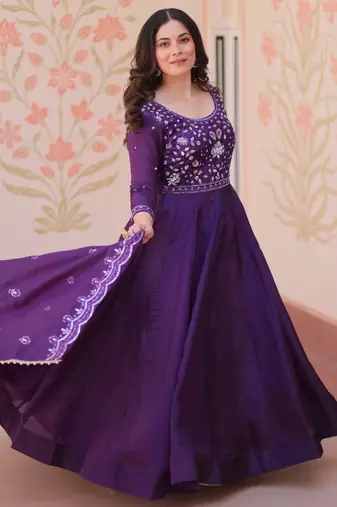 Charming Purple Bead Work Crushed Evening Wear Gown With Dupatta