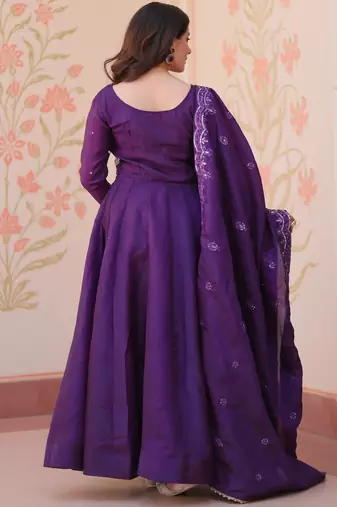 Charming Purple Bead Work Crushed Evening Wear Gown With Dupatta