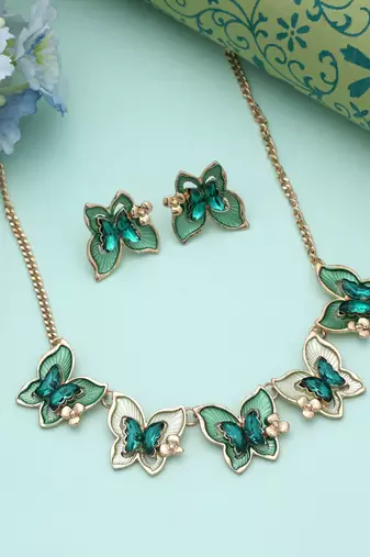 Green color butterfly design anti tarnish necklace set